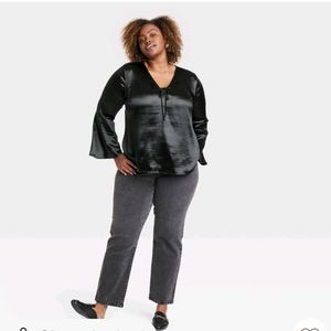 Ava & Viv Flared Long Leeve Satin Blouse Black Size 1X NWOT Target